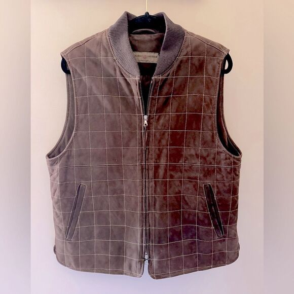 Vintage Handmade LUCIANO BARBERA Brown Nubuck Leather Quilted Full Zip Vest 54